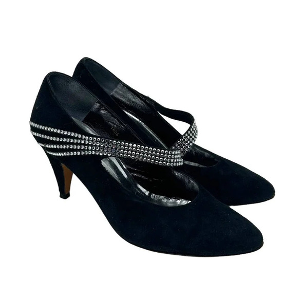 Lanvin Paris Vintage‎ Black Satin Suede Rhinestone Band Bumps Size 35 / US 5 - Picture 1 of 8